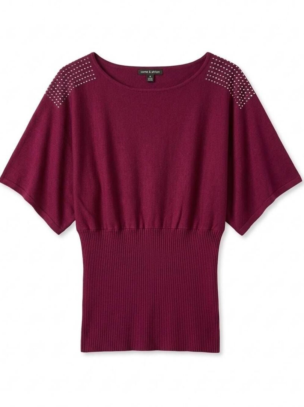 💜Cable & Gauge Maroon Rhinestone Studded Wide Sleeve Sweater Top Small